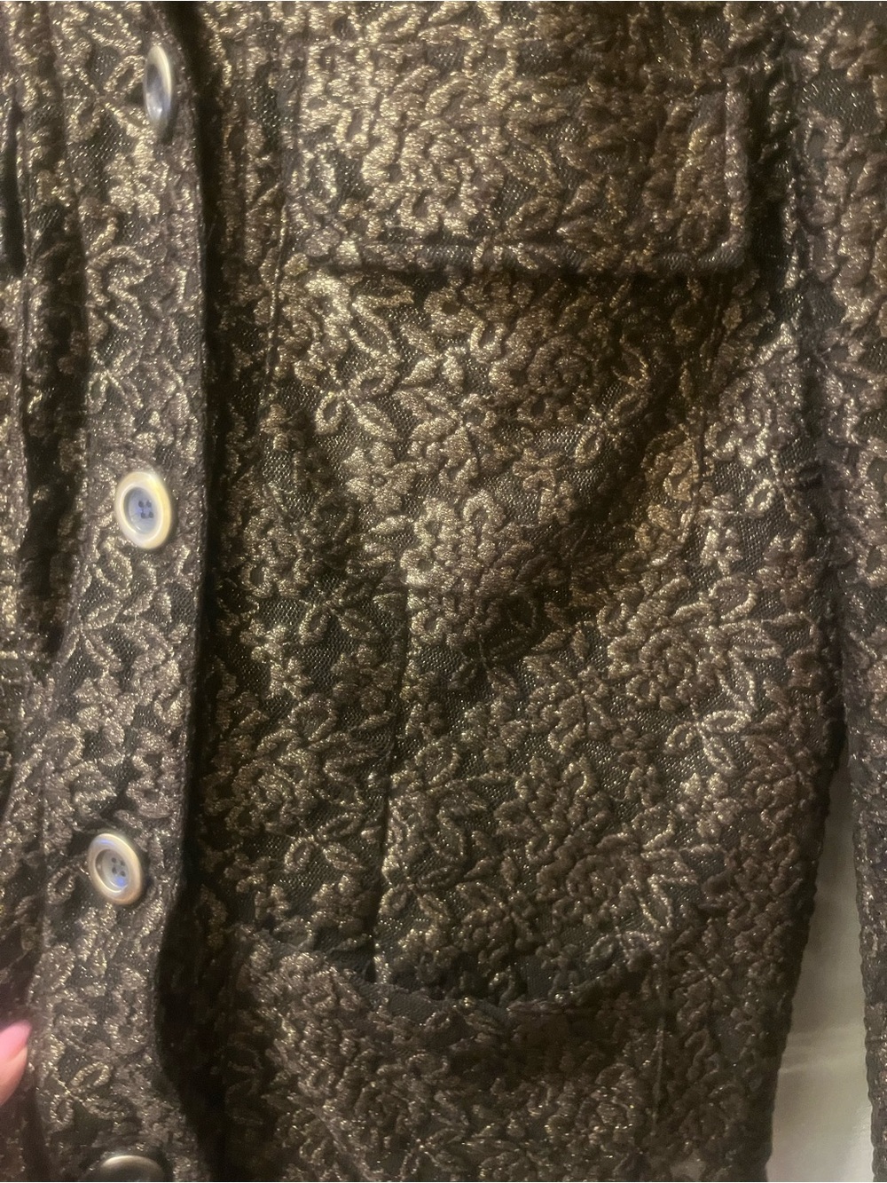 Chico’s Size 0 Bronze Black Metallic Floral Lace Shacket Jacket Button Front - Picture 5 of 9